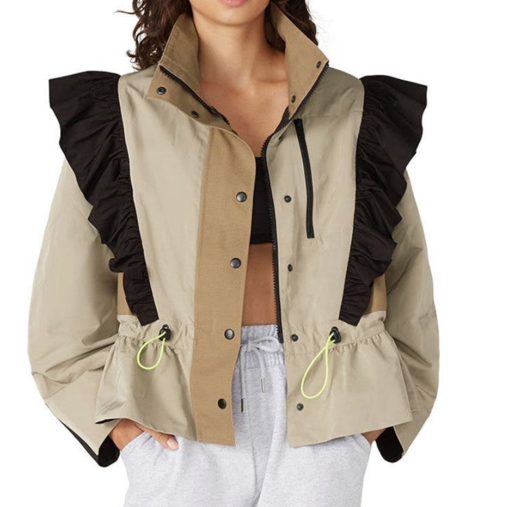 Sandy Liang Beige Jacket with Black Ruffle Trim